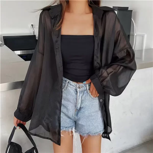 Camisas feminina, Casaco de Manga Comprida Lady Sunscreen, Casual Loose Shirts Fino Transparente Blusas, Roupas de Verão - Image 6