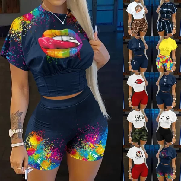 Conjunto de duas peças ( shorts + blusa ), feminino, carta de impressão de manga curta colheita corset t-shirt & senhoras cintura alta shorts calças. - Image 6