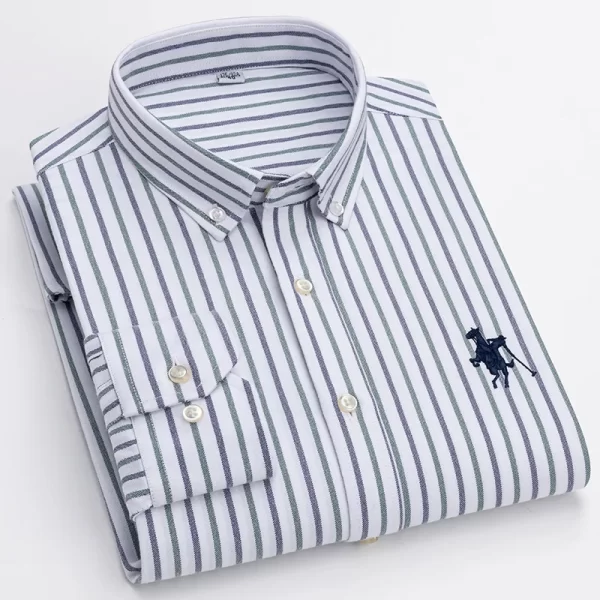 Camisas masculina listrada de manga comprida, tops lisos, roupas de escritório, 100% algodão, camisa completa, roupas casuais inteligentes. - Image 5