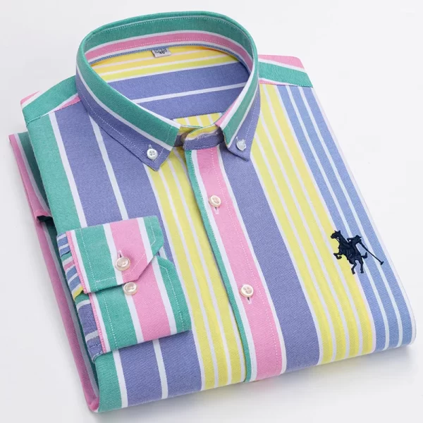Camisas masculina listrada de manga comprida, tops lisos, roupas de escritório, 100% algodão, camisa completa, roupas casuais inteligentes. - Image 3