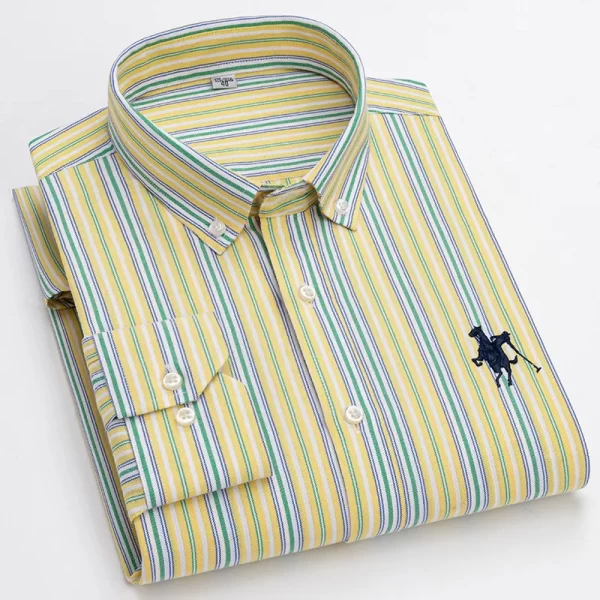 Camisas masculina listrada de manga comprida, tops lisos, roupas de escritório, 100% algodão, camisa completa, roupas casuais inteligentes. - Image 2