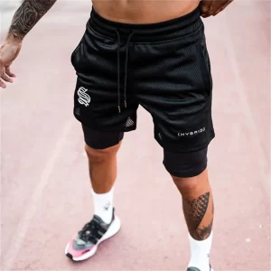 Shorts masculino corrida de fitness seco rápido, shorts de malha, calças curtas para musculação, 2 em 1, alta qualidade, verão