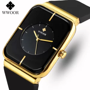 Relógio com pulseira de silicone, masculino WWOOR-impermeável, relógio de pulso quadrado simples, moda, tendência, original