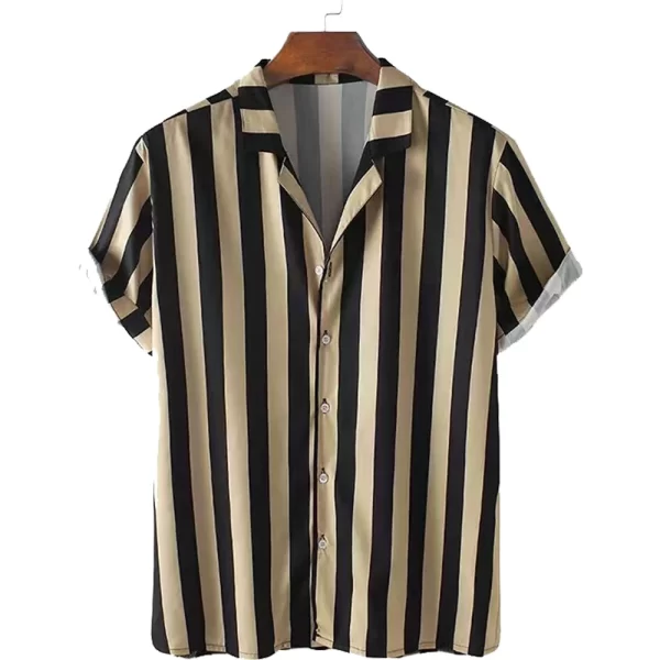 Camisas masculina listradas de manga curta, botões havaianos, blusa quadriculada vermelha de praia, camisa preta e branca, roupas verão - Image 23