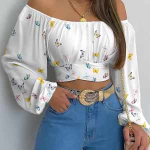 Camisa/Blusa Estampada Fora do Ombro Feminina, Laço de renda sexy, Camisa Fina Sem Costas, Manga Longa Casual, Top Curto Chique, Túnica, Elegante, Streetwear