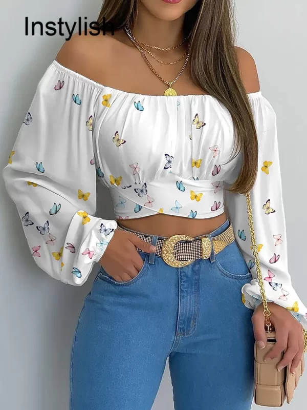 Camisa/Blusa Estampada Fora do Ombro Feminina, Laço de renda sexy, Camisa Fina Sem Costas, Manga Longa Casual, Top Curto Chique, Túnica, Elegante, Streetwear