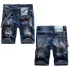 Shorts jeans masculino, fino estiramento azul rasgado jeans shorts luz cor de luxo tinta salpicado decorações rua, sexy calções casuais; - Image 7