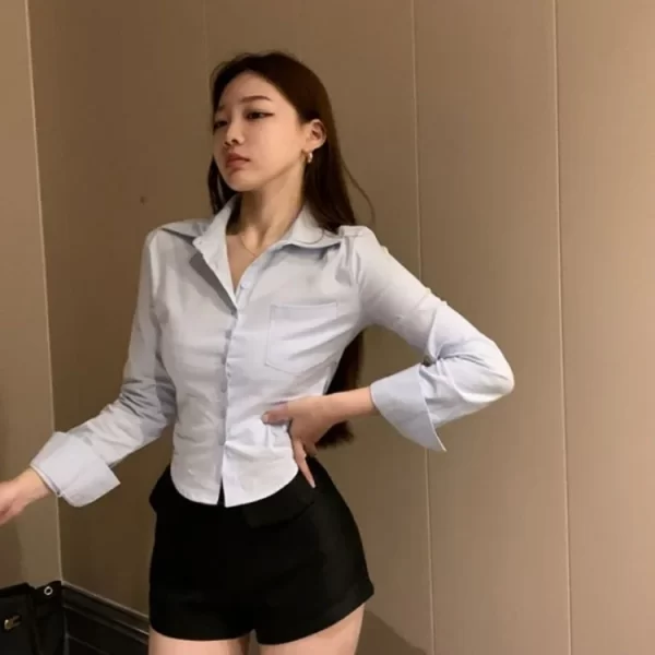 Camisas feminina, pescoço de lapela, manga comprida, ajuste fino, branco, Y2k, E-Girl, simples, sexy, novo - Image 5
