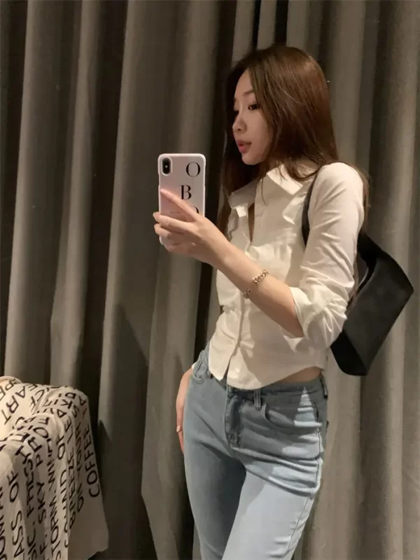 Camisas feminina slim fit, tops dobrados, design diário, branca, pura, estilo coreano, moda, casual. - Image 2