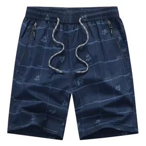 Shorts casuais de algodão puro masculino, elástico na cintura, cordão, bolso com zíper, estampa solta, tamanho grande, shorts esportivos azuis, moda praia, verão