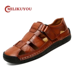 Sandália de couro liso antiderrapante masculina, sapato de praia romano, de caminhada suave, moda exterior, verão