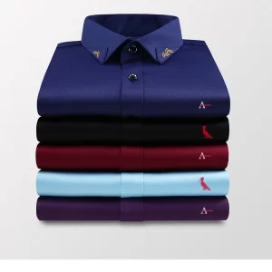 Camisas masculina elásticas bordadas manga longa, camisas casuais de negócios, marca da moda, nova, outono