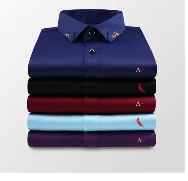 Camisas masculina elásticas bordadas manga longa, camisas casuais de negócios, marca da moda, nova, outono