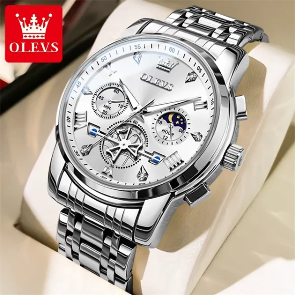 Relógio de pulso masculino de aço inoxidável, OLEVS, Cronógrafo, Fase da Lua, Impermeável, De Quartzo Luminoso, Marca De Luxo - Image 13