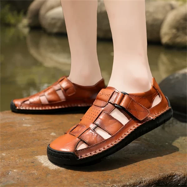 Sandália de couro liso antiderrapante masculina, sapato de praia romano, de caminhada suave, moda exterior, verão - Image 2