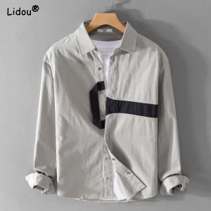 Camisas masculina polo de colarinho retro com patchwork personalizada, manga comprida, camisa larga de lazer, primavera e outono, nova.
