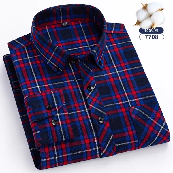 Camisas xadrez de manga longa masculina, algodão puro, design de bolso único, casual jovem, ajuste padrão, flanela grossa, na moda - Image 13