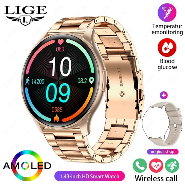 Relógio de pulso feminino, LIGE-Smartwatch esportivo à prova d'água, AMOLED, 1,43 "tela HD, monitor de glicose sanguínea, chamada Bluetooth, IP68, 466x466, novo - Image 15