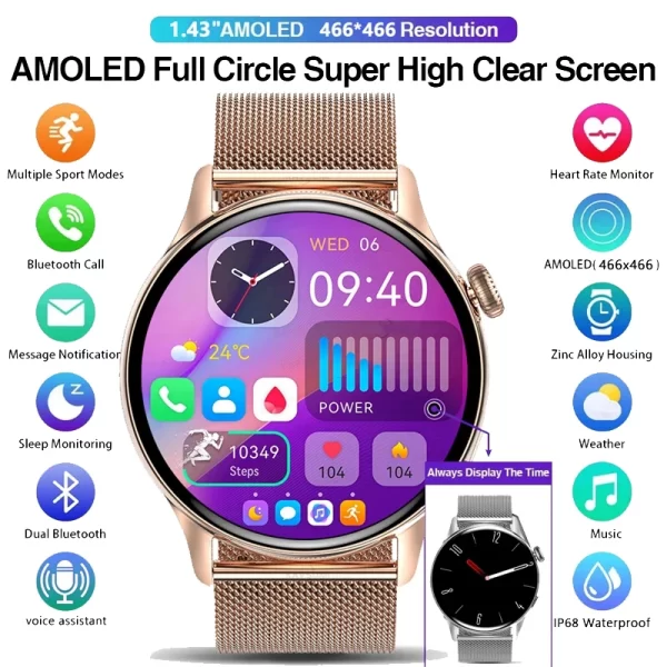Relógio de pulso feminino, HYTRON-impermeável esportes relógio inteligente, sempre exibe o tempo, chamada Bluetooth, IP68, AMOLED, 1,43 "tela HD, 466x466 - Image 2
