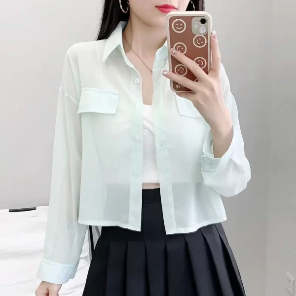 Camisas feminina, escritório, primavera verão fino sólido,  solto polo-pescoço botão chiffon único breasted roupas curtas - Image 3