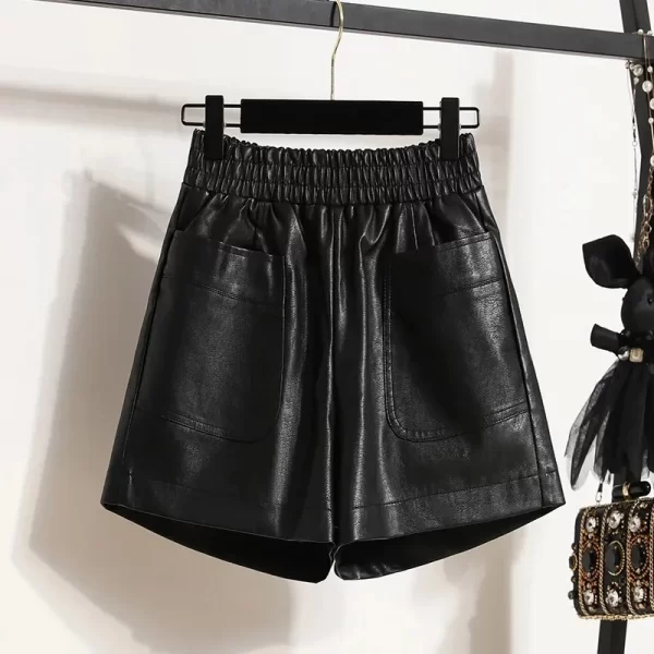 Shorts de couro casual feminino, cintura alta elástica, perna larga, calça solta, preto, moda coreana, inverno, monocromático. - Image 7