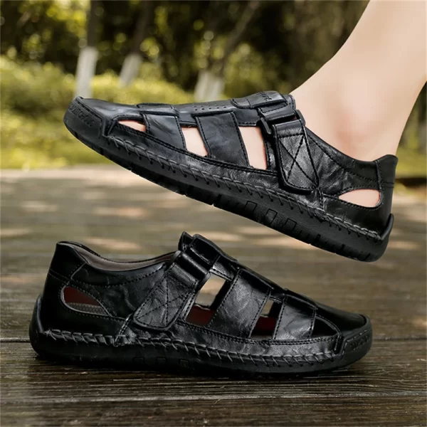 Sandália de couro liso antiderrapante masculina, sapato de praia romano, de caminhada suave, moda exterior, verão - Image 5