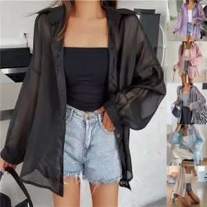 Camisas verão feminina, Chiffon macio, cardigan Fina Blusa Coreano Doce Streetwear Férias, Sun-Proof Praia Manga Longa Tops