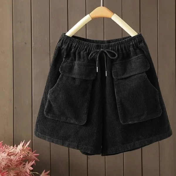 Shorts/Calções feminino de cintura simples de cor sólida, bolso casual em patchwork, shorts finos soltos, outono, inverno, novo. - Image 2