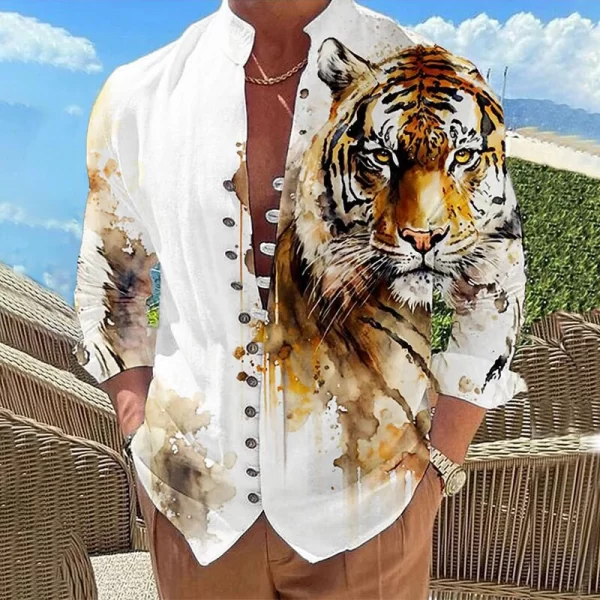 Camisas masculina estampada de peito único, leão animal, casual, gola em pé, manga comprida, top, moda ao ar livre - Image 5