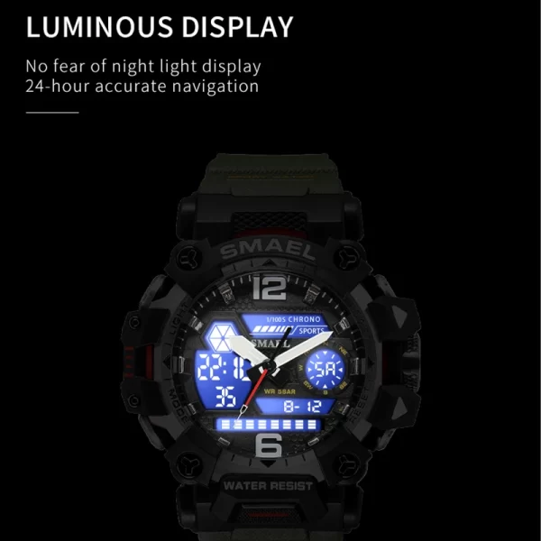 Relógio de pulso masculino, desportivo, impermeável, SMAEL, ecrã duplo, quartzo, LED, militar, digital, 50m, 8072 - Image 2