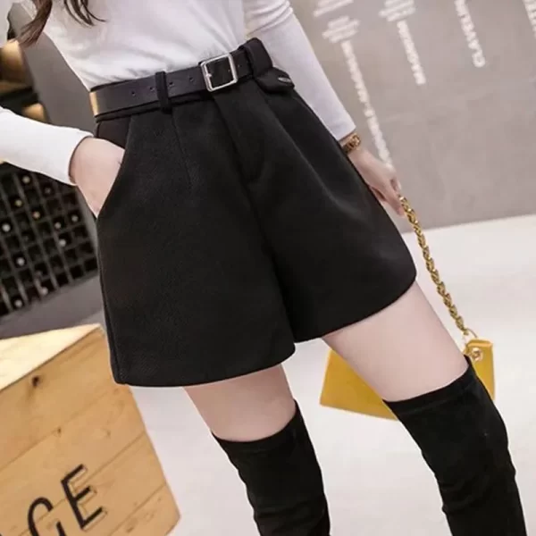 Shorts/Calção de cintura alta de lã monocromática feminino, calças largas, botões bolso, zíper, roupas de escritório, novo, outono, inverno - Image 4