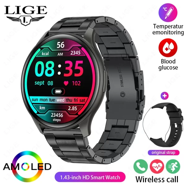 Relógio de pulso feminino, LIGE-Smartwatch esportivo à prova d'água, AMOLED, 1,43 "tela HD, monitor de glicose sanguínea, chamada Bluetooth, IP68, 466x466, novo - Image 14