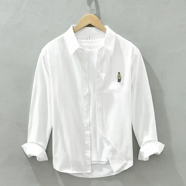 Camisas masculina, casuais de manga comprida, 100% algodão, cor sólida, arte da moda, top versátil, bordado de urso, novo, primavera e outono, C1378 - Image 9