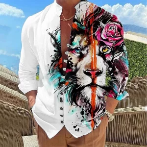 Camisas masculina estampada de peito único, leão animal, casual, gola em pé, manga comprida, top, moda ao ar livre