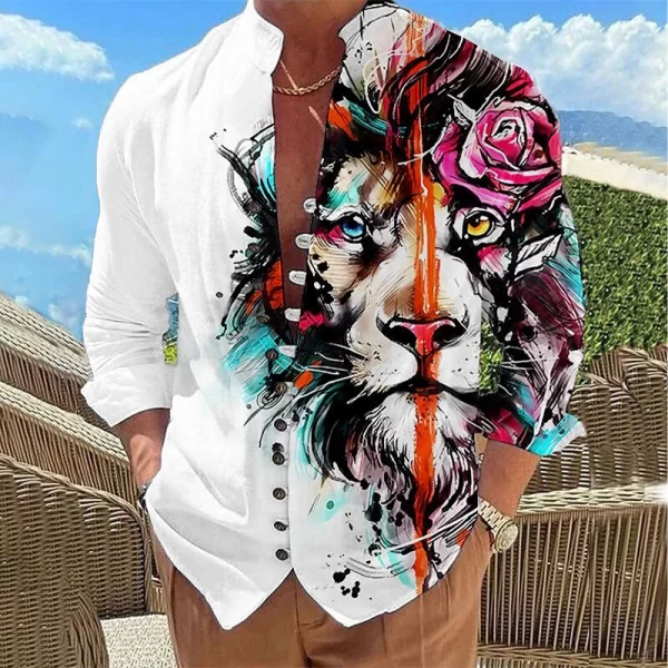 Camisas masculina estampada de peito único, leão animal, casual, gola em pé, manga comprida, top, moda ao ar livre