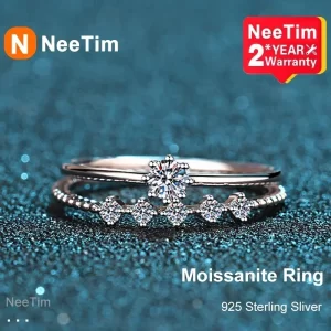 Anel feminino, Neetim Moissanite Anel Set, Corte Brilhante, 0,1 quilate, Teste de Diamante Passado, Cor D, Anéis Moissanites, 925 Prata, Jóias originais, 3mm