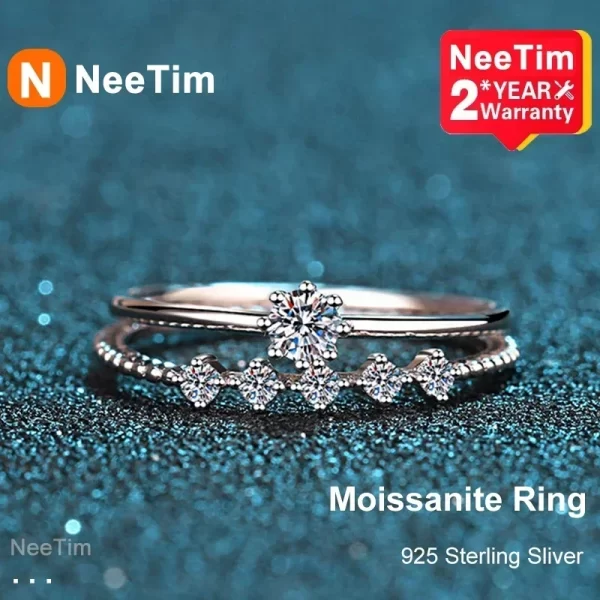 Anel feminino, Neetim Moissanite Anel Set, Corte Brilhante, 0,1 quilate, Teste de Diamante Passado, Cor D, Anéis Moissanites, 925 Prata, Jóias originais, 3mm