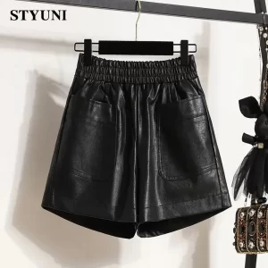 Shorts de couro casual feminino, cintura alta elástica, perna larga, calça solta, preto, moda coreana, inverno, monocromático.