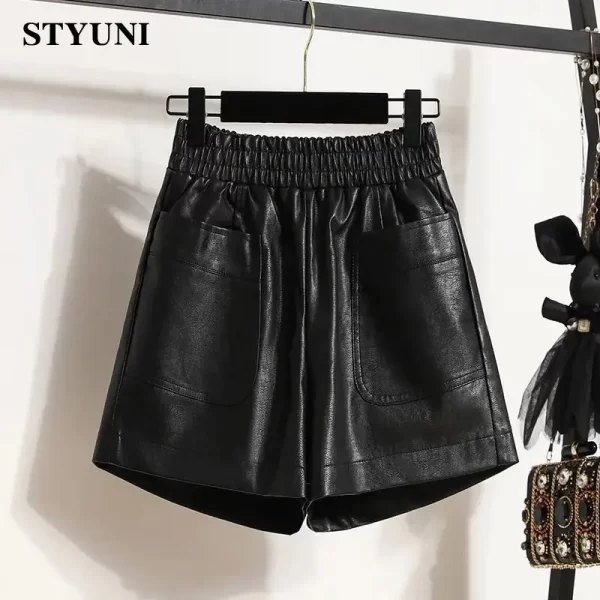 Shorts de couro casual feminino, cintura alta elástica, perna larga, calça solta, preto, moda coreana, inverno, monocromático.