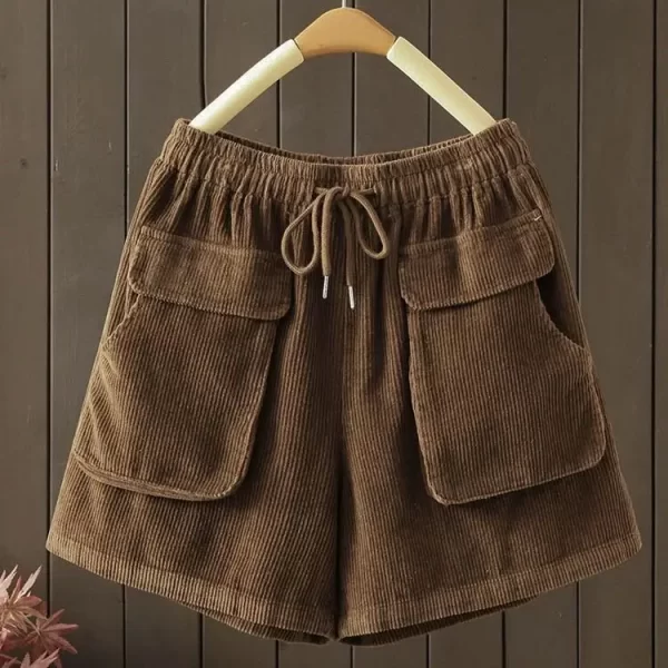 Shorts/Calções feminino de cintura simples de cor sólida, bolso casual em patchwork, shorts finos soltos, outono, inverno, novo. - Image 4