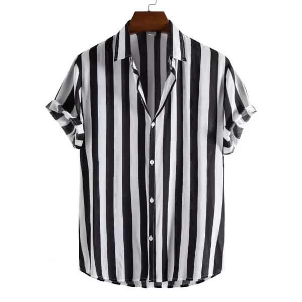 Camisas masculina listradas de manga curta, botões havaianos, blusa quadriculada vermelha de praia, camisa preta e branca, roupas verão - Image 4