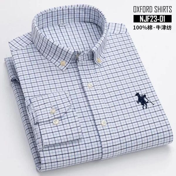 Camisas masculina listrada de manga comprida, tops lisos, roupas de escritório, 100% algodão, camisa completa, roupas casuais inteligentes. - Image 7