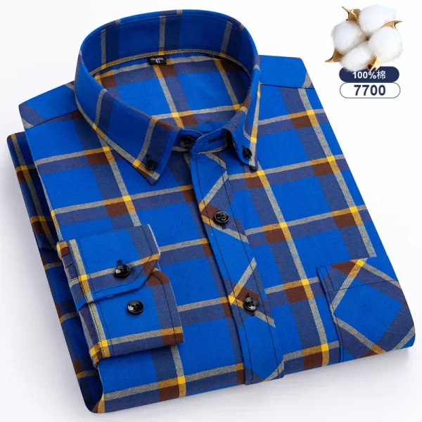 Camisas xadrez de manga longa masculina, algodão puro, design de bolso único, casual jovem, ajuste padrão, flanela grossa, na moda - Image 7