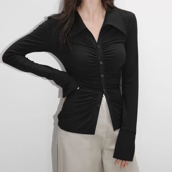 Camisas/Blusas feminina plissada de manga comprida, tops de colheita, camisas de lapela, botão, fino, elegante, coreano, sexy, y2k. - Image 8