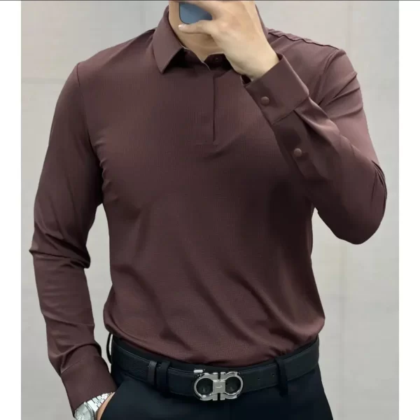 Camisas masculina de manga comprida com gola polo, monocromática, casual, tops com tudo que combina, moda masculina, primavera, outono - Image 5