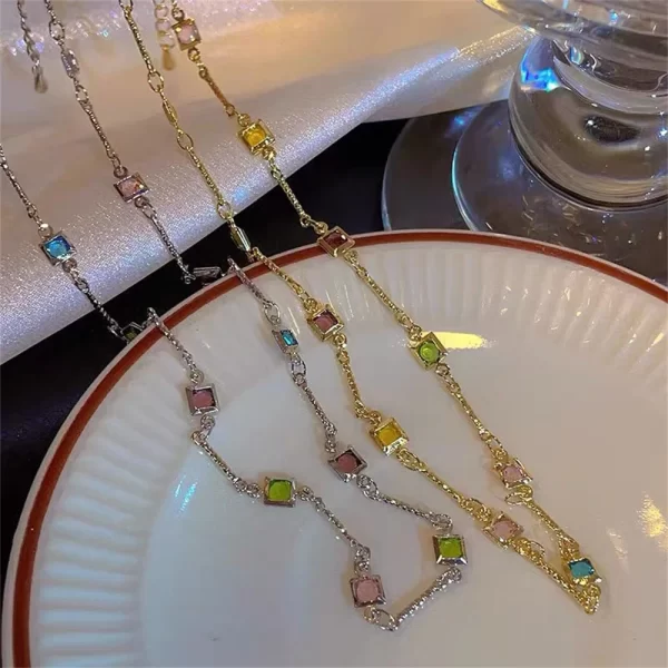 Colar/gargantilha feminino retrô de pedras preciosas de cristal arco-íris, colar colorido de zircão, corrente de clavícula simples - Image 4