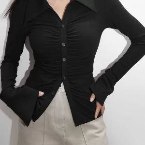 Camisas/Blusas feminina plissada de manga comprida, tops de colheita, camisas de lapela, botão, fino, elegante, coreano, sexy, y2k.