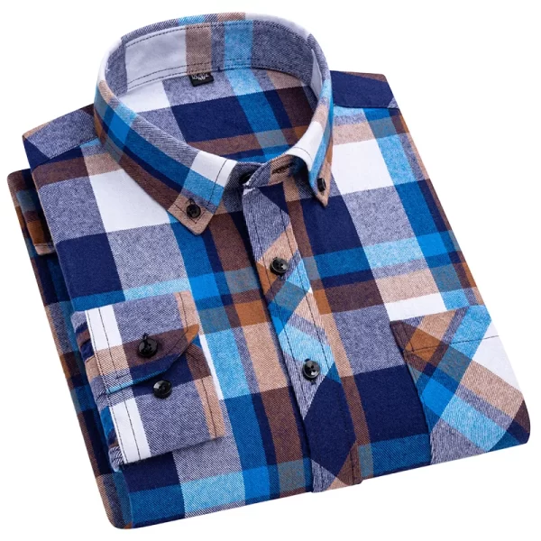 Camisas xadrez de manga longa masculina, algodão puro, design de bolso único, casual jovem, ajuste padrão, flanela grossa, na moda - Image 3