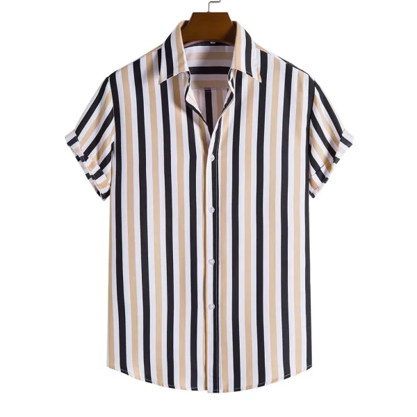 Camisas masculina listradas de manga curta, botões havaianos, blusa quadriculada vermelha de praia, camisa preta e branca, roupas verão - Image 5