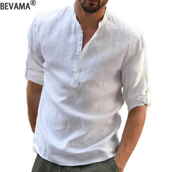 Camisa casual de linho algodão masculina, blusa solta, monocromática, manga longa, primavera, outono, blusas tamanho grande - Image 2